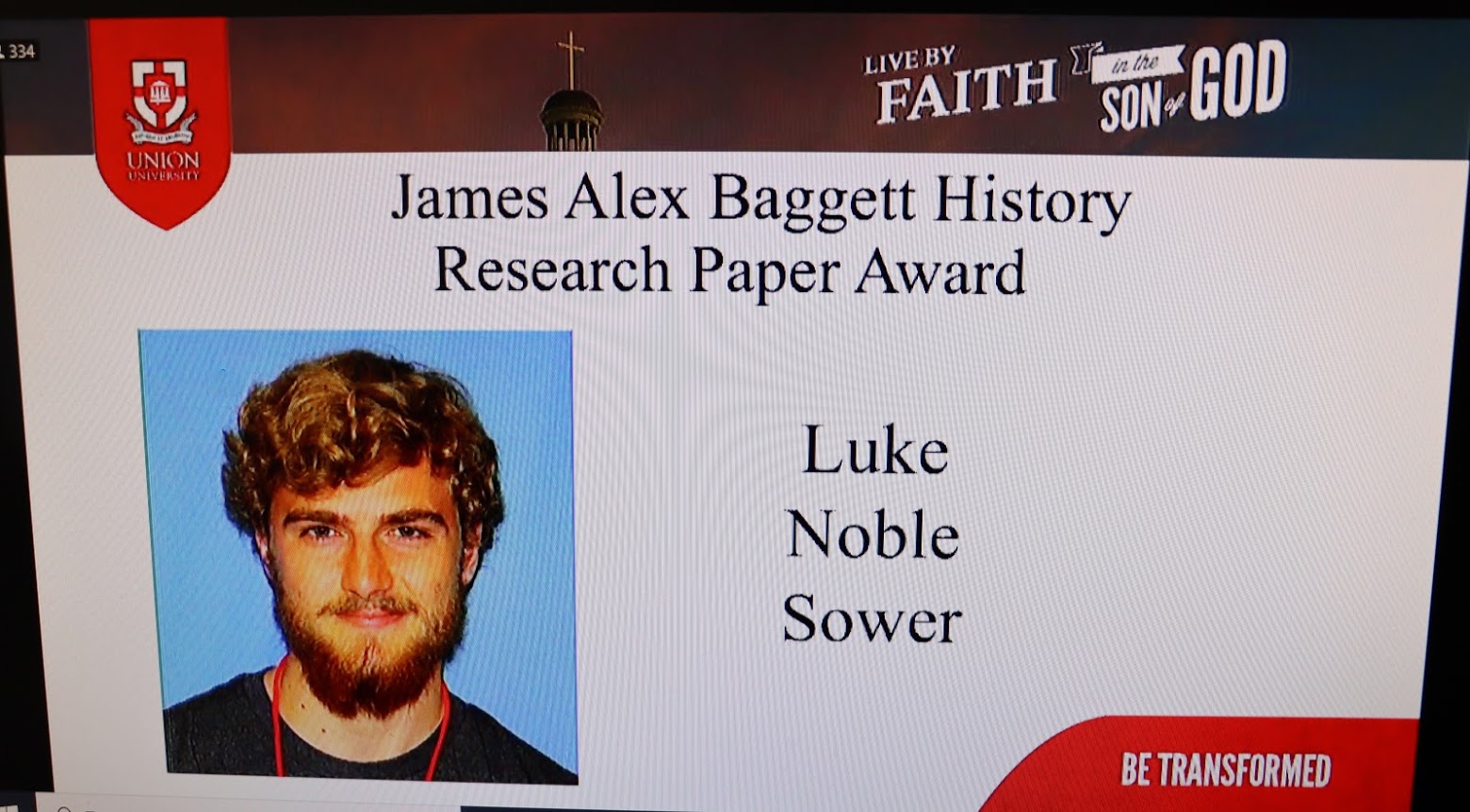 Luke Sower is announced as the first place winner in the Dr. James Alex Baggett History Research Paper Competition at Union University's Virtual Awards Day celebration on May 1, 2020.