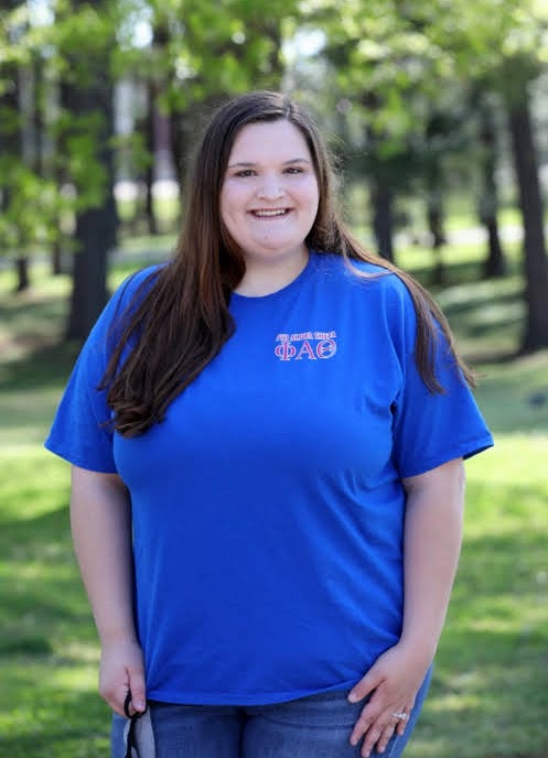 Sandra Allen, vice president of Union's Delta-Psi chapter of Phi Alpha Theta, proudly wears her Phi Alpha Theta T-shirt during a group get-together to celebrate the chapter's T-shirt Spirit Day on April 12, 2021. Photo by Kristi Woody