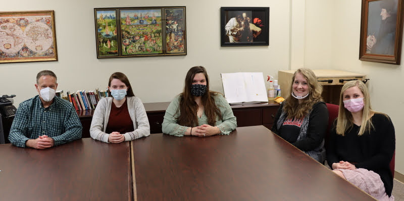 Rutledge Honorary History Club members gather for their spring semester history movie night on April 16, 2021. They are (left to right) Dr. Henry Allen, Davina Norris, Sandra Allen, Breanna Edmiston, and Sara Beth McGee.