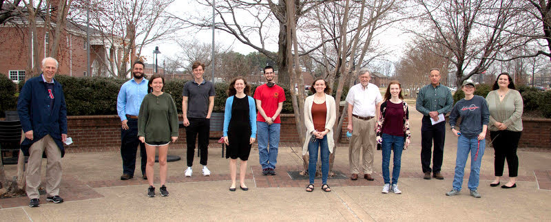 Phi Alpha Theta members join for a photo during the Delta-Psi chapter’s spring plenary meeting on March 10, 2021. They are (left to right): Dr. Stephen Carls, Nicholas Terra, Rebekah Lisle, Tad Binkley, Anne Adams, Matthew Latham, Abbie Hobson, Dr. Terry Lindley, Savannah Wright, Dr. Henry Allen, Elizabeth Blevins, and Sandra Allen. Photo by Joey Echeverria