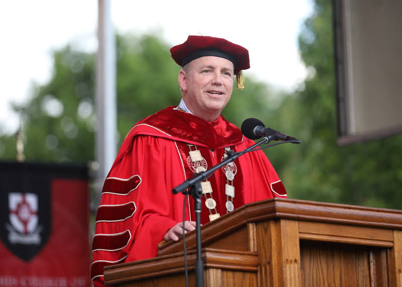 Dr. Samuel W. Dub Oliver, president of Union University, welcomes attendees at the school's commencement for traditional undergraduates on May 15, 2021. Photo by Kristi Woody