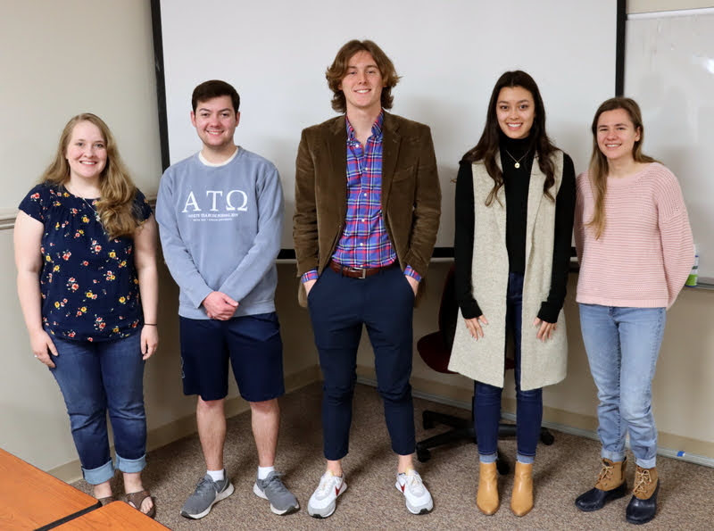The newly elected Delta-Psi chapter officers for 2022-2023 stand together during Union's Phi Alpha Theta spring initiation/plenary meeting on Febuary 28, 2022. They are (left to right): Breanna Edmiston, vice president; Jack Jenkins, secretary; Tad Binkley, president; Makayla, senator; and Anna Yadkowski, senator. Photo by Stephen Carls