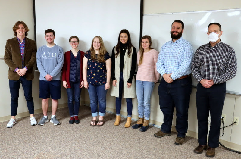Attendees at Union's Phi Alpha Theta spring meeting on February 28, 2022, join together for a photo. They are (left to right) Tad Binkley, Jack Jenkins, Anne Adams, Breanna Edmiston, Makayla Baker, Anna Yadkowski, Nick Terra, and Dr. Henry Allen. Photo by Stephen Carls