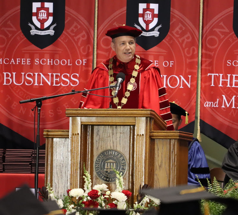 Union University's President Samuel W. Dub Oliver welcomes attendees to the school's undergraduate commencement on May 21, 2022.