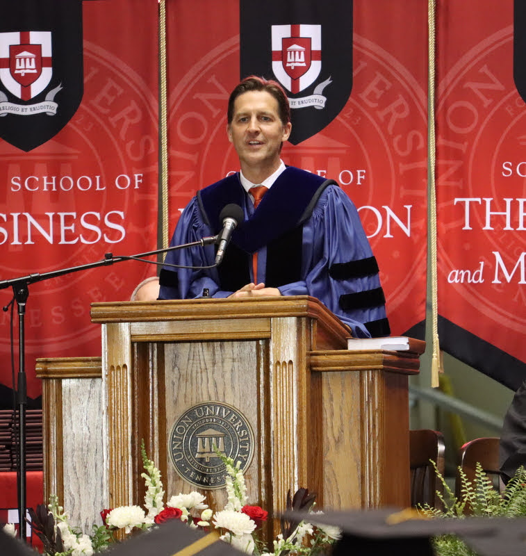 United States Senator Ben Sasse of Nebraska delivers the commencement address at the undergraduate graduation  at the Oman Arena on May 21, 2022.