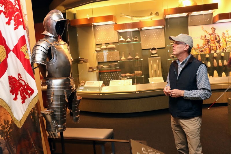 Robert Briley looks at a Spanish Conquistador's armor in the Native American Gallery at Discovery Park of America on April 1, 2023.