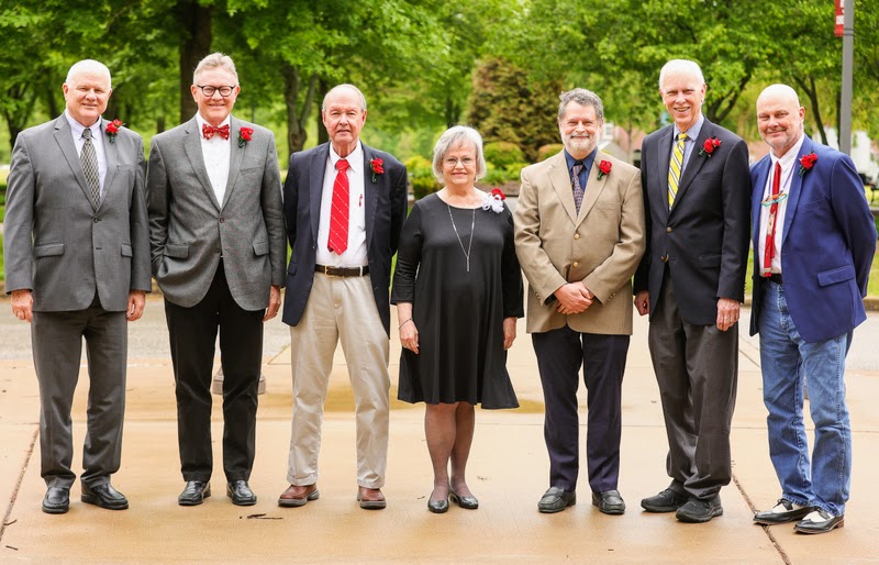 Dr. Stephen Carls (second from right) stands with other retiring Union University faculty and staff members after the End of Year Employee Celebration Luncheon on May 5, 2023. The other retirees honored at the luncheon are (left to right) Dr. Randall Bush, Gregory Jordan, Dr. Linn Stranak, Helen Fowler, Dr. Jan Wilms, and Lee Benson.