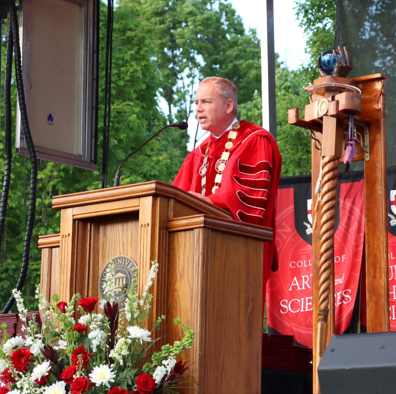 Union University President Samuel W. Dub Oliver delivers the commencement address titled A Message from the Past and a Message for the Future at the school's undergraduate graduation ceremony on May 6, 2023.