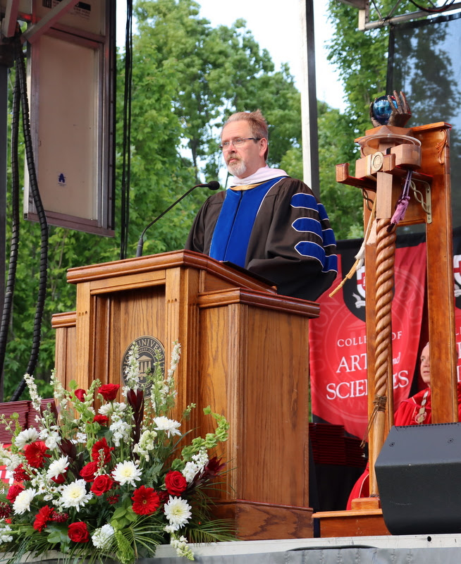 Provost John Netland announces the conferring of degrees and the presentation of diplomas at Union University's spring undergraduate commencement ceremony on May 6, 2023.