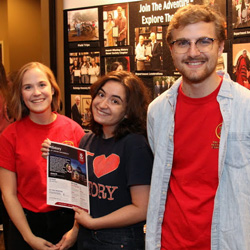 History student club officers represent the history department at the Student Life Fair on August 18, 2019. They are (left to right) Megan Ledbetter (Phi Alpha Theta vice president), Leah Atkins (Rutledge Honorary History Club president and Phi Alpha Theta member), and Luke Sower (Phi Alpha Theta president).