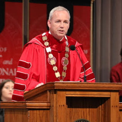Union University President Samuel W. “Dub” Oliver delivers the convocation address on “Faith” at the school's fall convocation on August 23, 2019. Photo by Kristi Woody