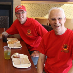 Phi Alpha Theta members Megan Ledbetter (left to right), Robert Briley, and Dr. Stephen Carls enjoy breakfast together at Panera Bread following the Racing So They Can Ride event at Dick's Sporting Goods on September 21, 2019.
