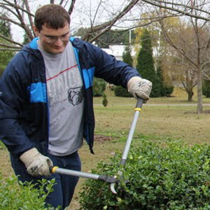 Miles Randall (left to right), Tammy Buchanan-Anderson, and Addison Osborne trim shrubs in Liberty Garden Park on October 29, 2019.
