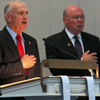 Retired Marine Lieutenant General John Castellaw (left) leads attendees at a World War I commemoration ceremony in the Pledge of Allegiance at First Presbyterian Church on November 4, 2016. Tennessee Great War Commissioner Andy Pouncey is on the right.
