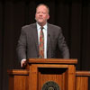 Dr. Bruce Gordon, the 2017 Carls-Schwerdfeger History Lecturer, talks about “What Happened to the Bible in the Reformation?” to 625 people on October 19. Photo by Kristi Woody