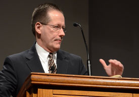 Chuck Lawless speaks in chapel Feb. 18. (Photo by Deanna Santangelo)