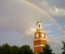 A rainbow over Miller Tower during the early days of the 2013 fall semester. (Photo by Bill Nettles)