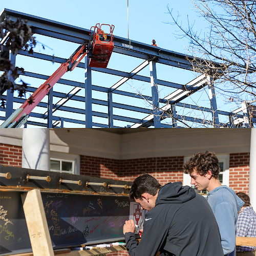 Union students sign the highest steel beam in the new academic building (bottom photo). The beam was installed in the new facility on the Great Lawn on Feb. 6 (top photo). (Photos by Karley Hathcock)