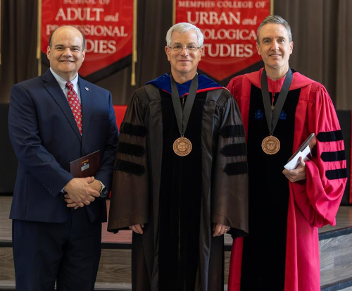 During Union's April 23 Awards Day chapel service, John Carbonell (left) Gary L. Carter Staff of the Year Award. David Thomas (center) received the Carla D. Sanderson Faculty of the Year Award. Jason Crawford (right) received the R. Keith Absher Faculty Researcher of the Year Award. (Photo by Karley Hathcock)