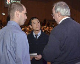 Union President David S. Dockery visits with Kevin Furniss (left) and Danny Song (center) prior to the Feb. 5 service marking the five-year anniversary of the 2008 tornado. (Photo by Morris Abernathy)