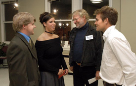 Student organizers of the Jackson Union Sculpture Tour (JUST) Robert Alsobrook and April DePriest visit with featured artists Glenn Zweygardt and Phil Proctor during the JUST opening reception.