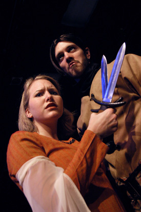 Lady Macbeth, played by Union University junior, Allie Campbell, and Macbeth, Union senior Ryan Schunemann, conspire after his assassination of the king. The production of Macbeth begins in the W.D. Powell Theater on Union's campus May 6 and runs through May 11. All performances begin at 8:00 p.m. except for the Sunday matinee, which starts at 2:30 p.m. There will be additional shows May 10 and 11 at 11 a.m.