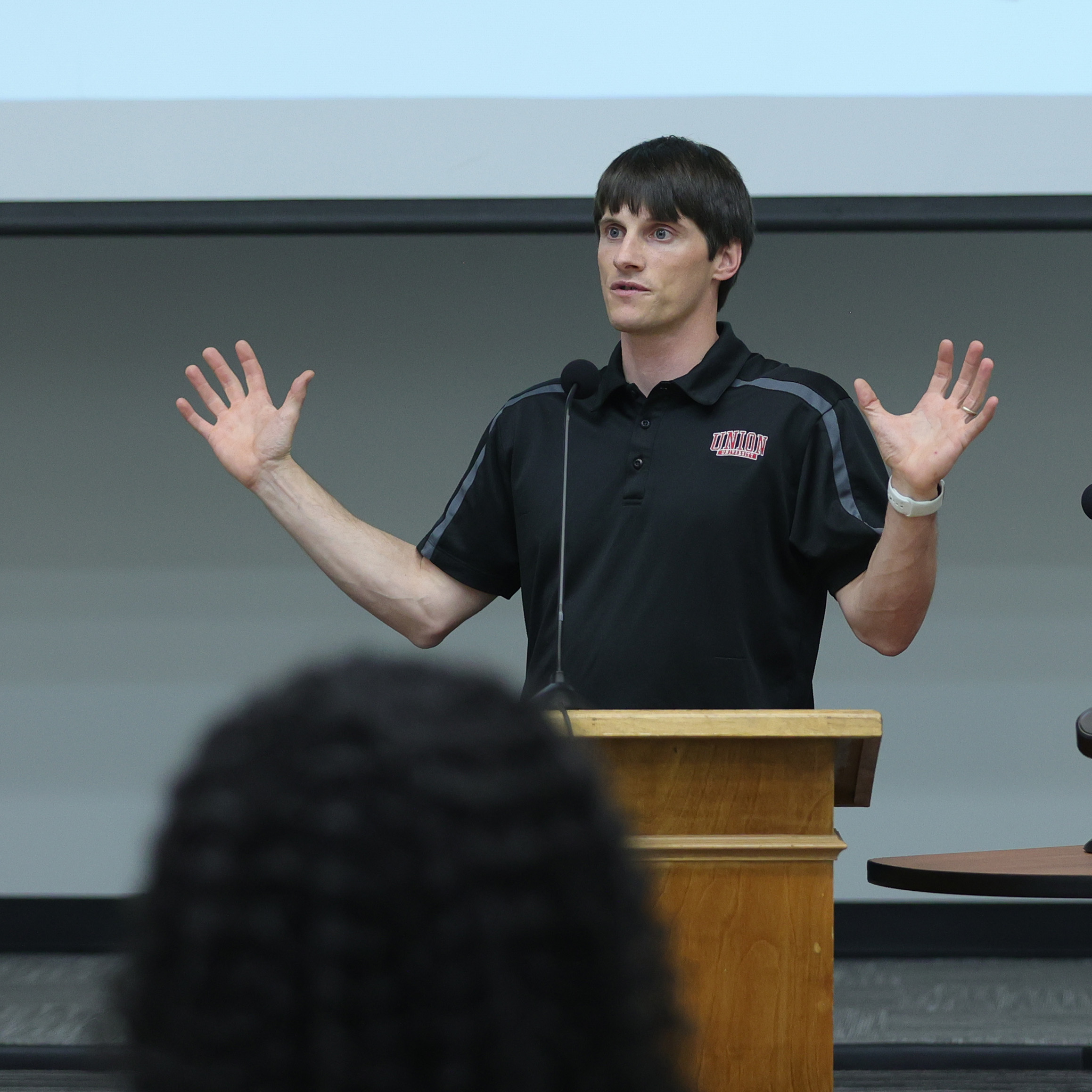 Georg Pingen, Union professor of engineering, introduces the Make:able 2022 presenters. (Photo by Scott Lancaster)