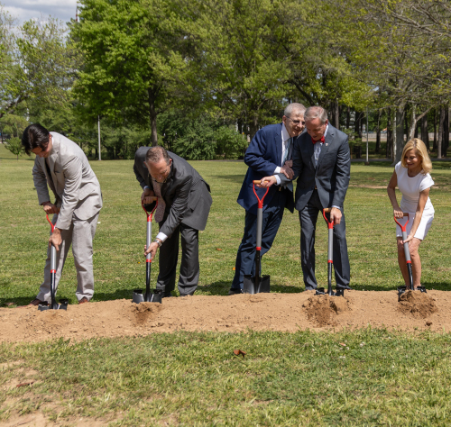 Pictured from left are Lane Pyron, student body president; Jeff Perkins, chairman of Union's Board of Trustees; Harry Smith, trustee and chairman of the campaign steering committee; Dub Oliver, Union president; and Janet Ayers, chairman of the Ayers Foundation Trust. (Photo by Karley Hathcock)