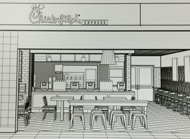 A rendering of what the new Chick-fil-A restaurant, likely to be called "Chick-fil-A Express," will look like. 