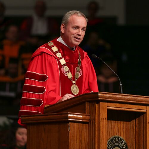 Union University President Samuel W. "Dub" Oliver addresses graduates at fall commencement Dec. 12. (Photo by Kristi Woody)