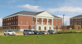 A new building that will house the School of Pharmacy will be located to the west of Jennings Hall, as shown in this rendering.