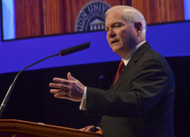 Robert M. Gates, former secretary of defense and director of the Central Intelligence Agency, speaks Oct. 4 at Union University's 15th annual Scholarship Banquet. (Photo by Morris Abernathy)