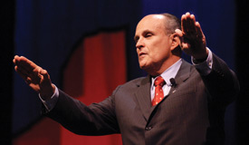 Former New York City Mayor Rudolph Giuliani addresses the crowd at the 2003 Scholarship Banquet.