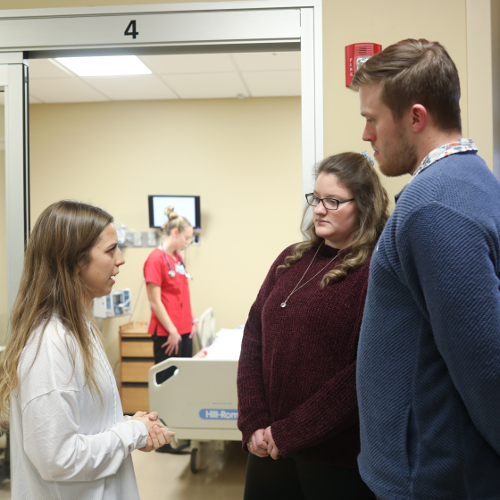 Nursing and Christian studies students deal with an ethical dilemma in an inter-professional simulation Feb. 18. (Photo by Sarah Goff)