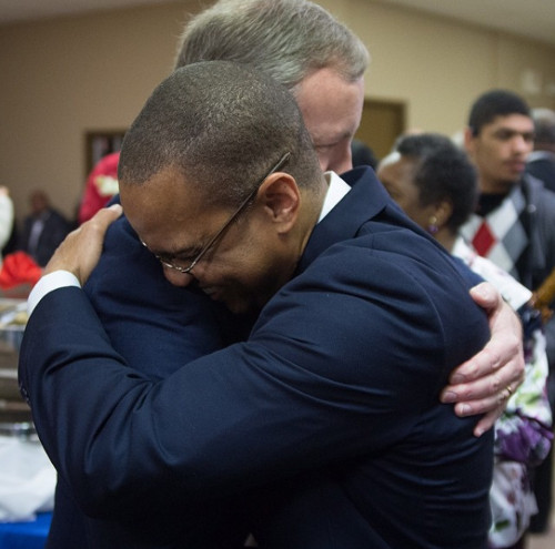 Union President Dub Oliver and Lane College President Logan Hampton embrace at Hampton's 2015 inauguration. (Photo by Victor Miller)