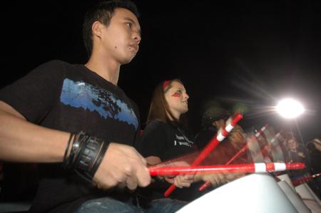 The Union Drumline gets the crowd excited during the Lambuth soccer game.  Pictured are Junior Joshua Tan and Freshman Courtney Allen. - Photo by Beth Spain