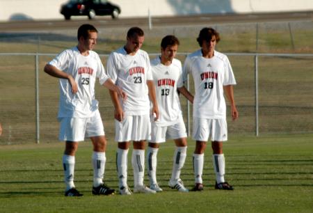 Union Chris Waugh (25), Nic DeSio (23), Rafael Carvalho (13), and Darlan Rocha (18) get lined up to face a free kick in Union's match versus Cumberland. - Photo by Steven Aldridge