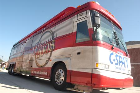 The C-SPAN Campaign 2008 bus makes a stop at Union University. Tours were offered for interested students. - Photo by Angela Abbamonte