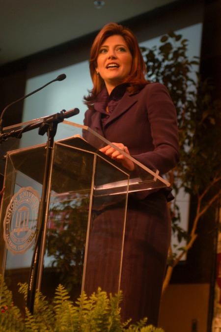 MSNBC's Norah O'Donnell speaks at the 2008 Union Forum. She spoke on the topic <em>The 2008 Election: An Eleventh Hour Analysis.</em> This was the first event held in the Carl Grant Events Center. - Photo by Angela Abbamonte