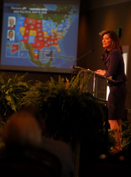 MSNBC's Norah O'Donnell reviews an electoral map before the election at the 2008 Union Forum. - Photo by Angela Abbamonte