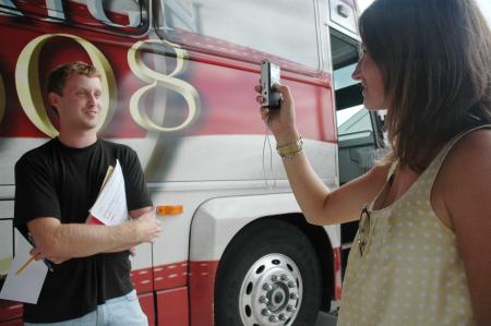 C-SPAN marketing representative Vanessa Bailey interviews sophomore music major Cody Goodman for <a href="http://www.youtube.com/watch?v=3HQ63fuWlyI">C-SPAN's YouTube site</a>. He was questioned about what he would like to ask the candidates. - Photo by Beth Spain