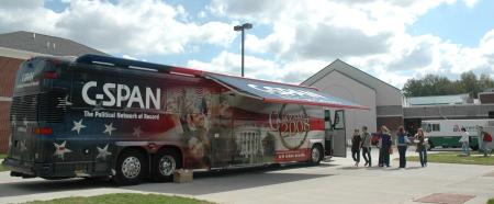 The C-SPAN Campaign 2008 bus makes a stop at Union University. Tours were offered for interested students. - Photo by Beth Spain