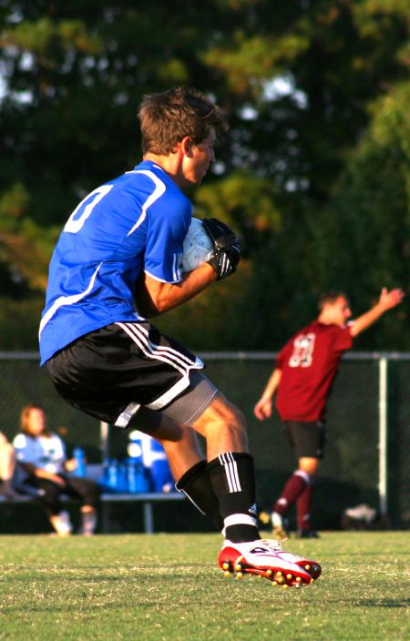 James Landham, freshman, makes a save at the Family Weekend game against Cumberland University. - Photo by Kristi McMurry Woody