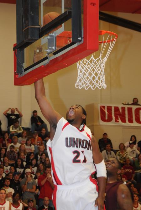 Bulldog Brian Lake makes a lay up in Union's Homecoming win over Robert Morris (Ill.) College. - Photo by Morris Abernathy