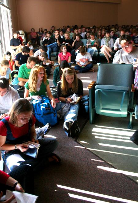 Preview day on October 10 brought in so many prospective students that chapel attendees needed to sit on the floor to make room. - Photo by Kristi McMurry Woody