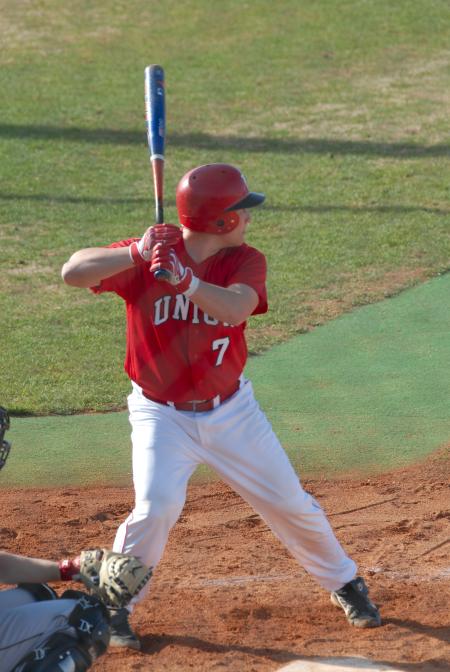 Freshman catcher Colby Starks waits for the pitch. - Photo by Morris Abernathy