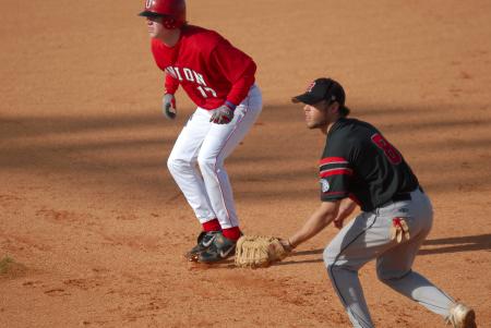 Sophomore outfielder Grant Luke stretches his lead at first base. - Photo by Morris Abernathy