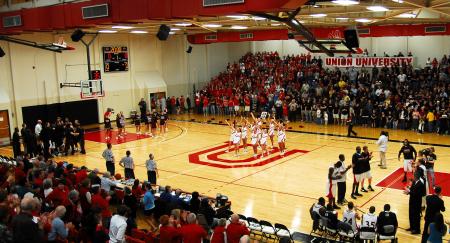 Union prepares to play Freed-Hardeman in the TranSouth Conference Tournament Finals.  Union fans came dressed in red. - Photo by Kristi McMurry Woody