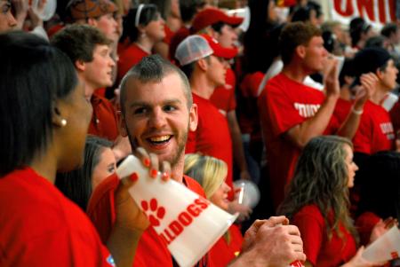 Fans cheer for Union at the TranSouth Conference Tournament Finals against Freed-Hardeman.  Students were instructed to wear red for a 'red out.' - Photo by Kristi McMurry Woody