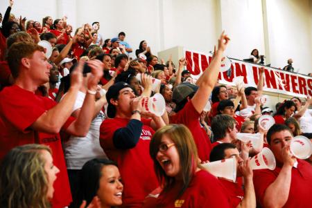 Fans cheer for Union at the TranSouth Conference Tournament Finals against Freed-Hardeman.  Students were instructed to wear red for a 'red out.' - Photo by Kristi McMurry Woody
